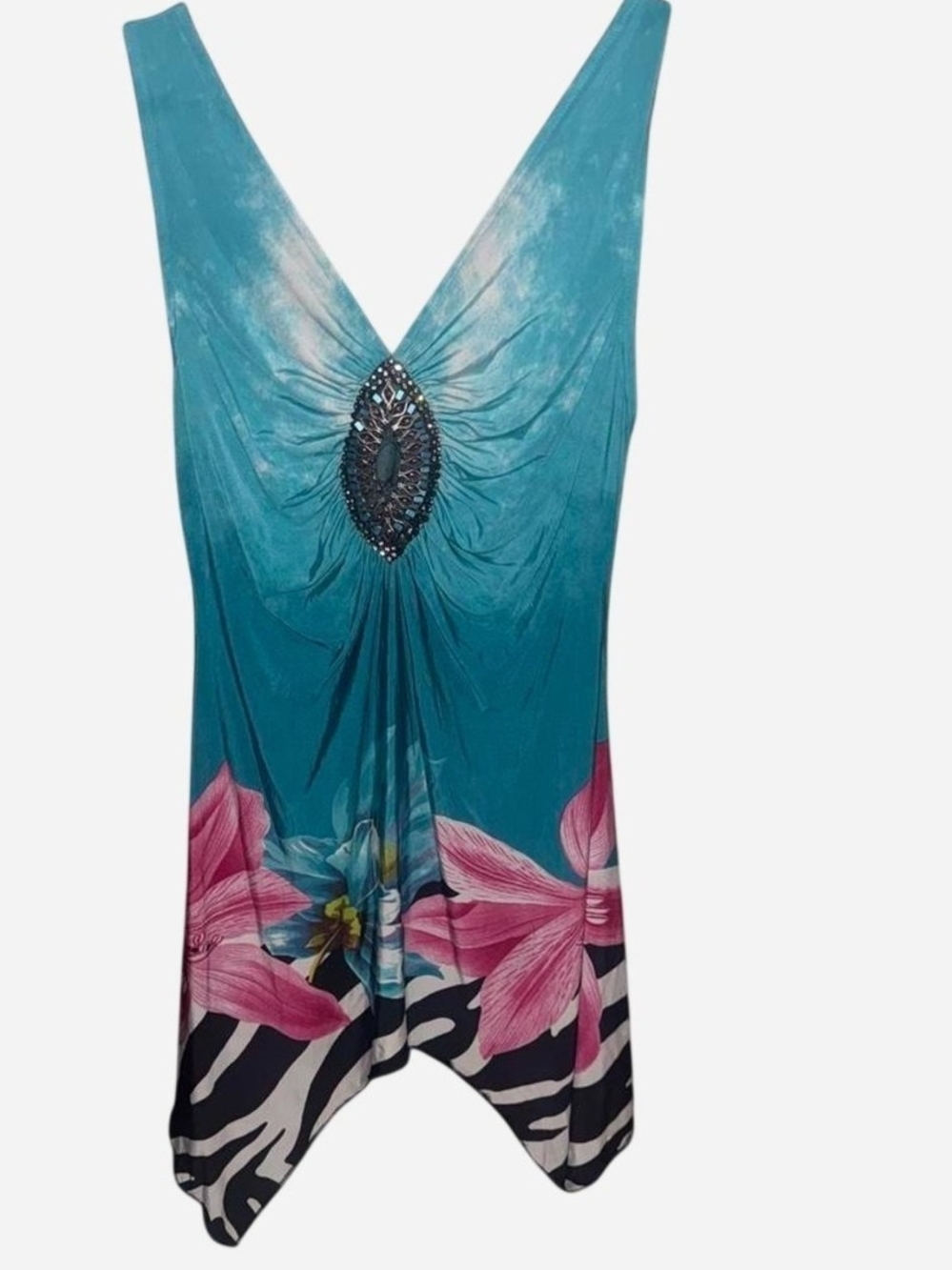 Women’s Teal Floral V-Neck Tank Top with Embellishment